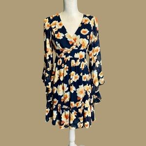 Betsey Johnson ‘Bambi’ Ruffled Tie Back Mini Dress in Navy Blue & Orange Floral